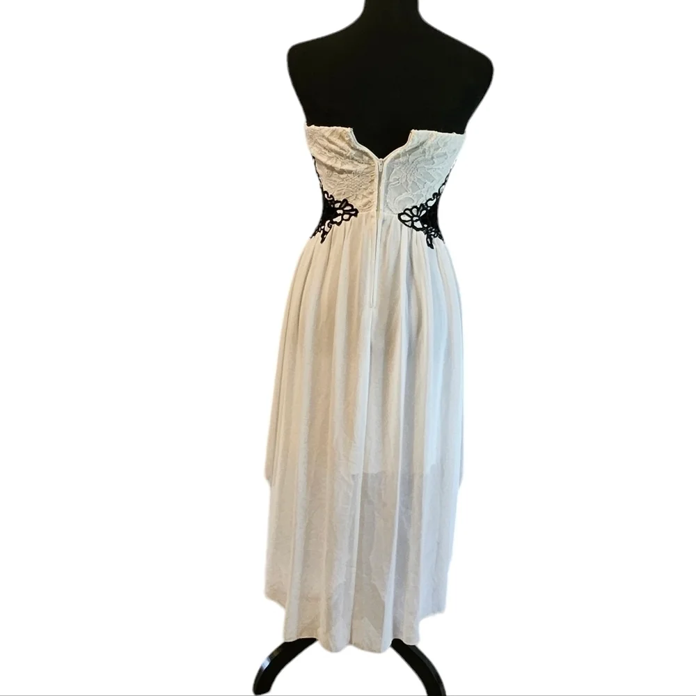 Jodi Kristopher Black White Lace Sheer Crochet Formal Asymmetrical Dress Sz 3 - Picture 9 of 16